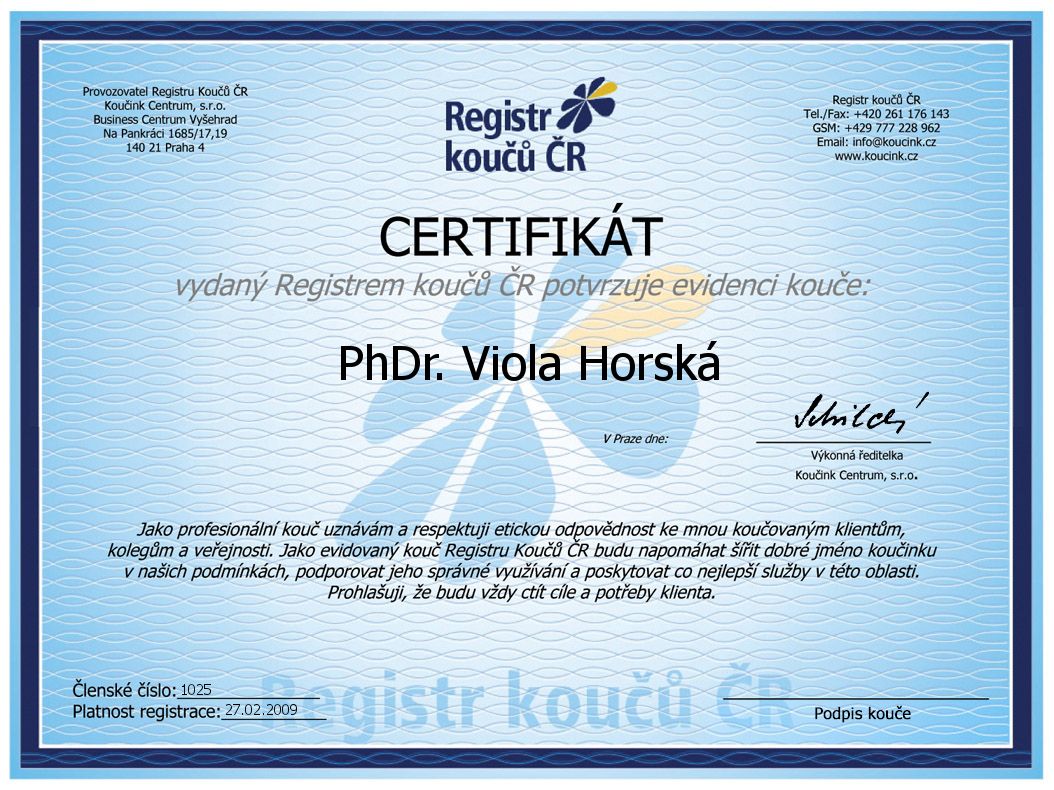 Certifikát Registru koučů ČR